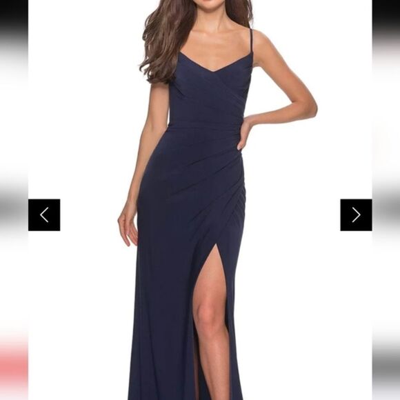 La Femme - 28079 Long Surplice High Slit Jersey Gown - Picture 2 of 9